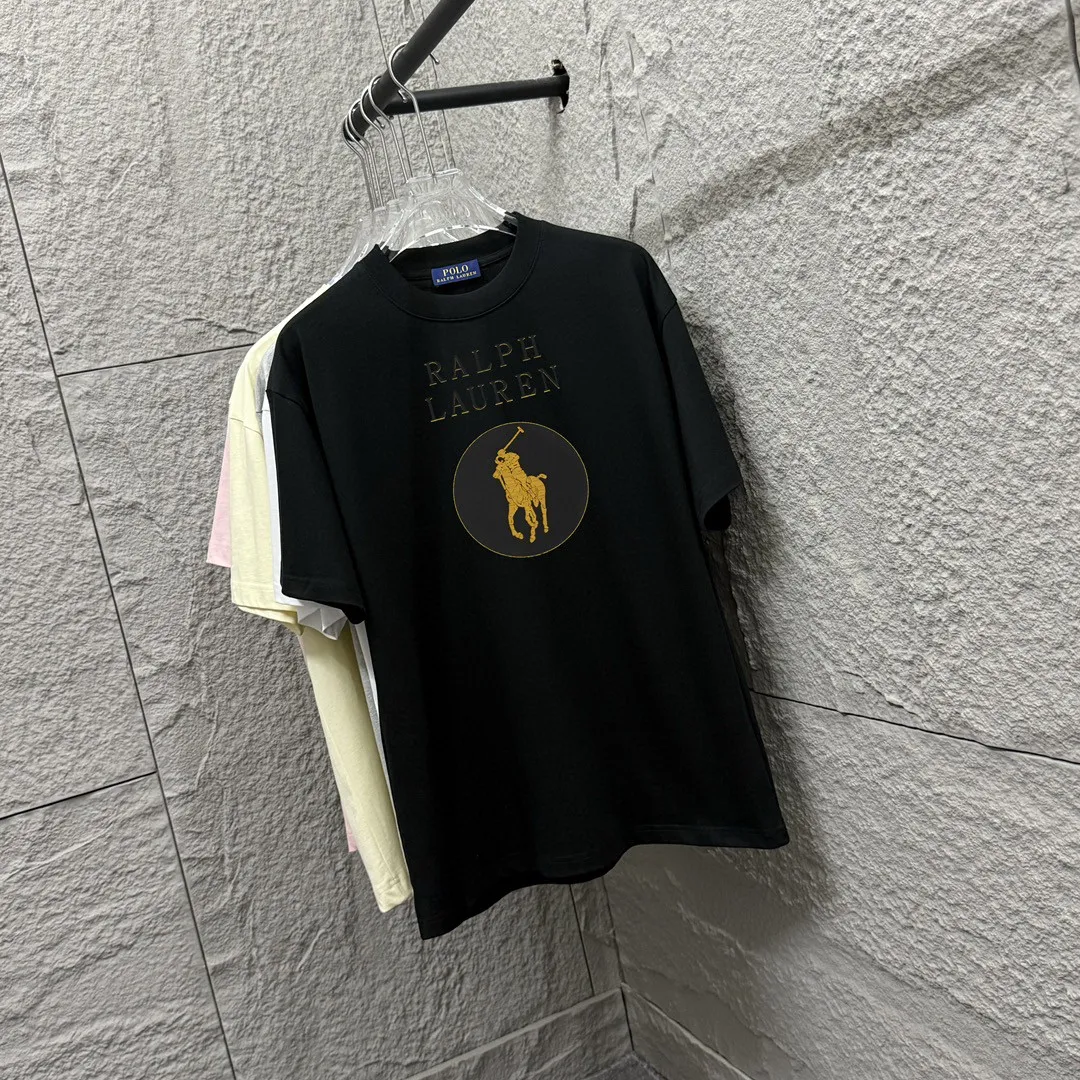 P150 Polo* Ralph Lauren 2025 spring and summer new style Classic letter pony print custom double yarn plain cotton fabric short-sleeved T-shirt for men and women Color: black white Size: S (90-130 pounds) M (120-150 pounds) L (140-165 pounds) XL (160-180 pounds) XXL (180-210 pounds)